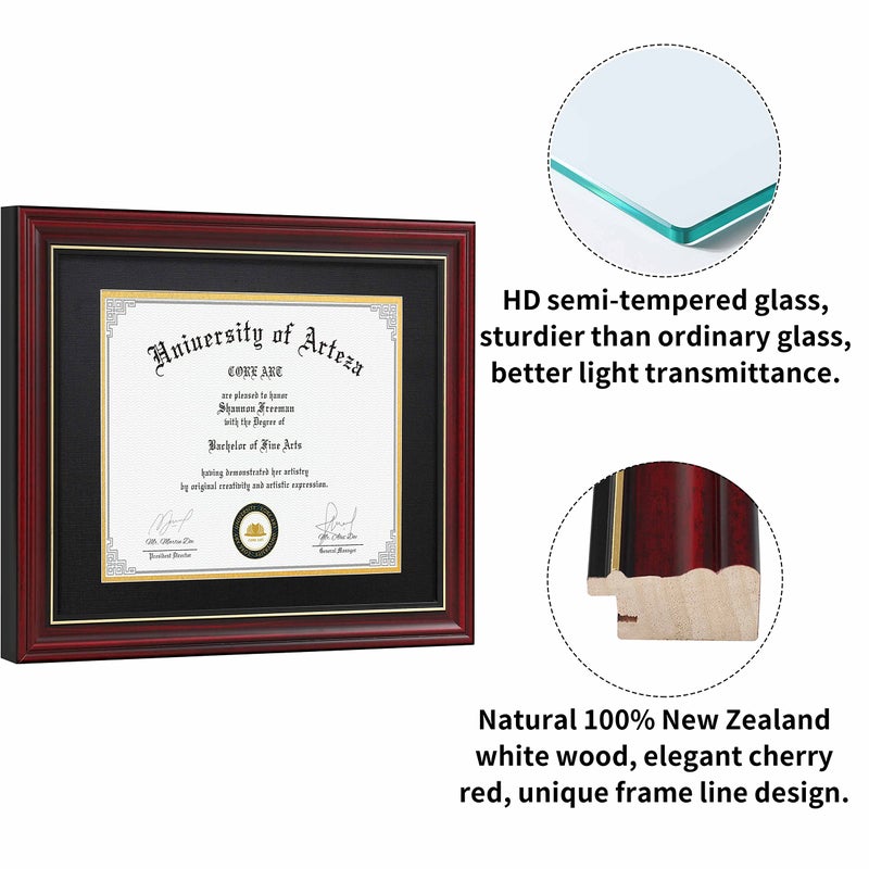 CORE ART 11x14 Diploma Frame Display Certificates 8.5 x 11 with Black Mat or Documents 11 x 14 without Mat, College Degree Wooden Frame with Tempered Glass for Wall and Tabletop Display(Cherry Red) - Image 2